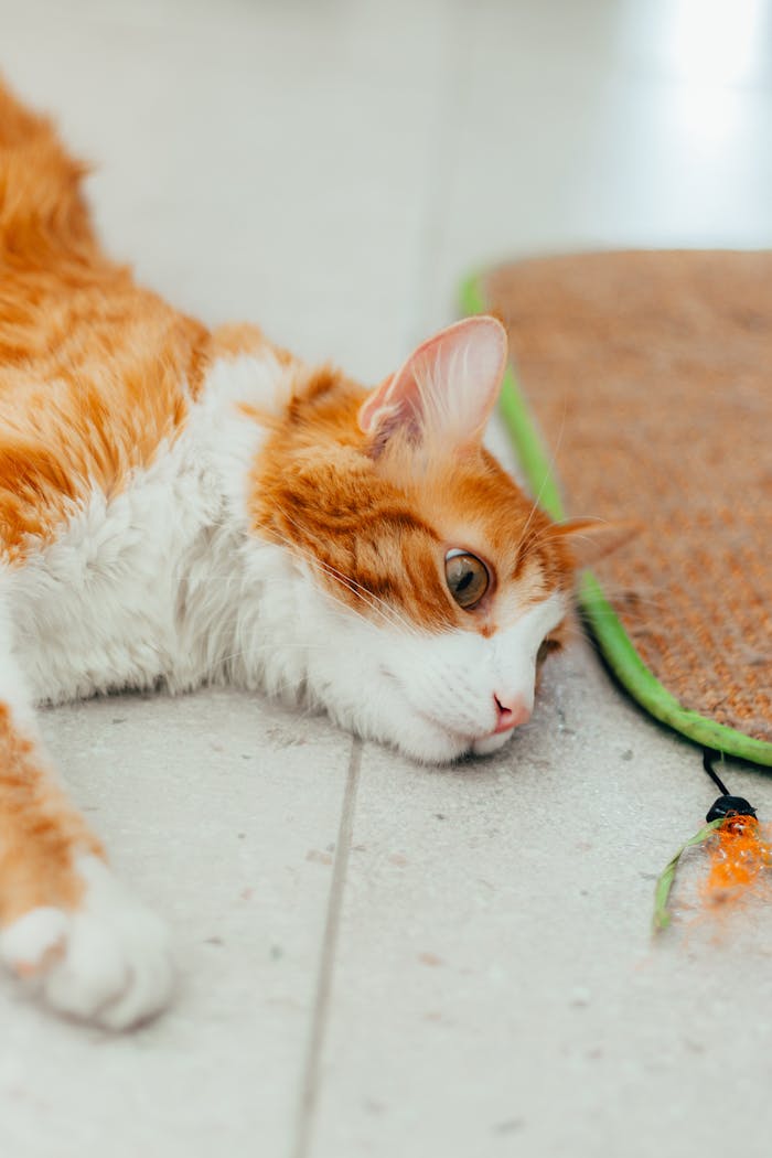 gallery-1 A ginger cat lying down on the floor, intently observing a small toy on a mat.