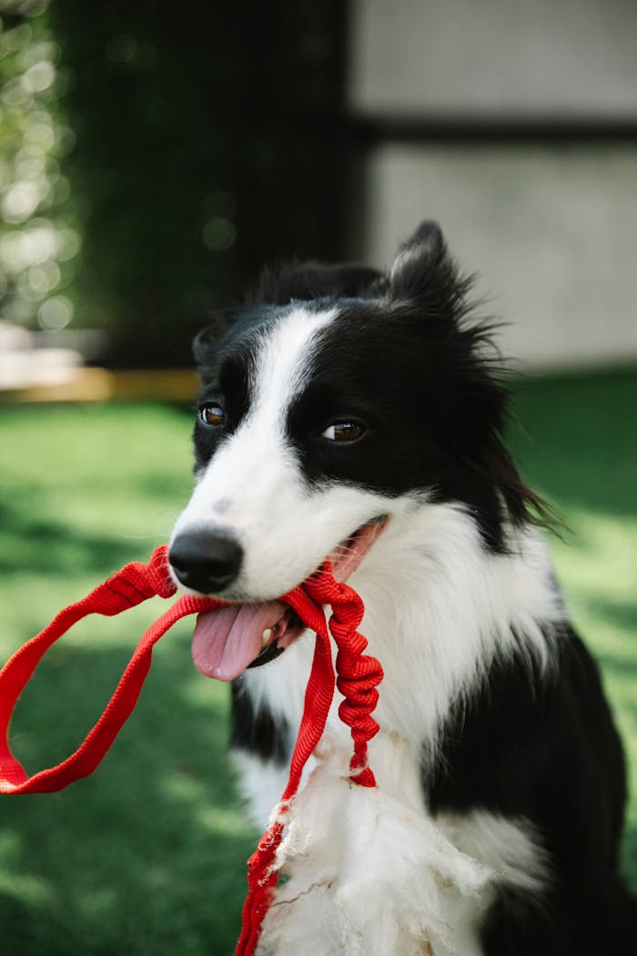 services-02 Cute Border Collie dog with white spots and red leash in mouth sitting on grassy lawn in countryside on blurred background